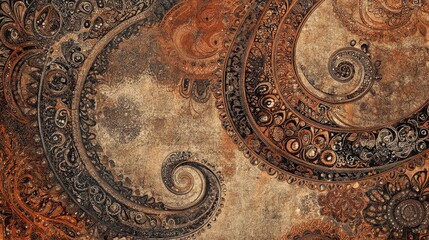 Fototapeta premium Rustic Paisley Swirl: An intricate paisley pattern in earthy tones of brown, beige, and black swirls across the image, creating a vintage and textured aesthetic.