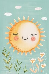 A cute, hand-painted sun with a happy expression shines brightly against a pastel blue sky.
