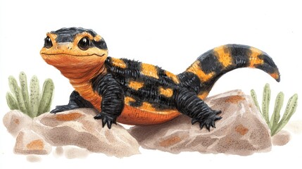 Obraz premium A vibrant illustration of a juvenile Chinese fire belly newt perched on rocks