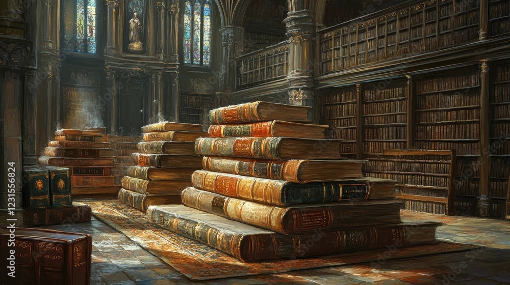 Poster a grand, ancient library with stacks of unbound books and gothic architecture