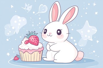 Cute bunny enjoying strawberry cupcake, pastel background, kids' illustration