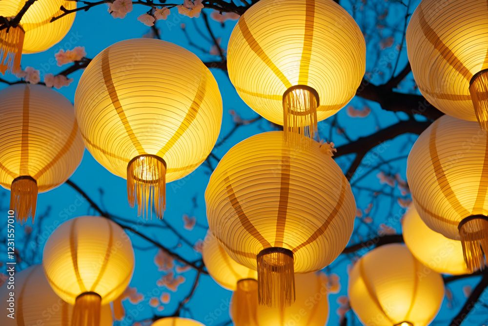 Aufkleber illuminated lanterns: a captivating low-angle view of numerous glowing paper lanterns hanging from b