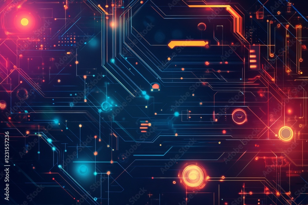 Poster a vibrant digital circuit board with neon lights and intricate patterns, representing advanced techn