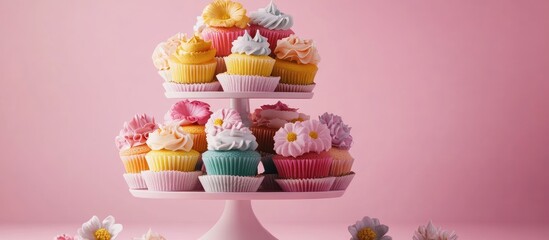 Colorful cupcake tower on a light pink background featuring assorted flavors and floral designs in pastel hues arranged on a white stand.