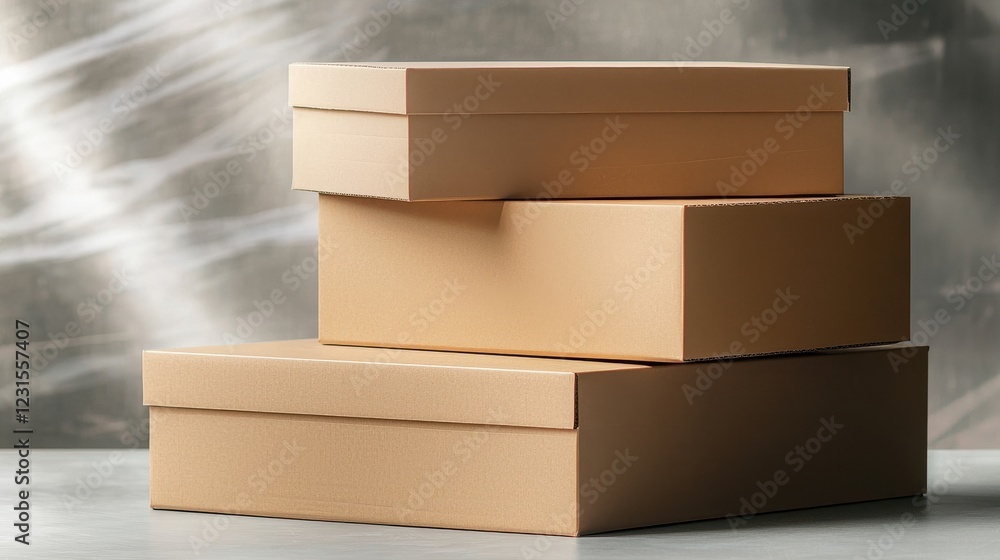 Poster stacked rectangular cardboard boxes of varying sizes in a minimalist setting with soft lighting