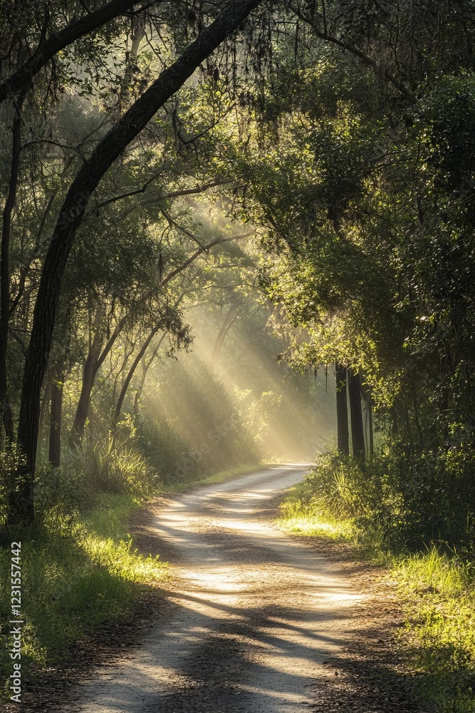 Poster sunlit forest path surrounded by lush greenery, creating a serene and tranquil atmosphere perfect fo