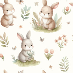 Spring watercolor seamless pattern with cute bunny. Happy Easter print in pastel colors.