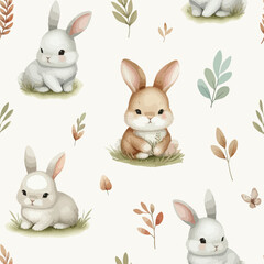 Spring watercolor seamless pattern with cute bunny. Happy Easter print in pastel colors.