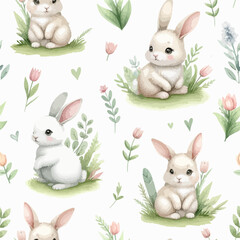 Spring watercolor seamless pattern with cute bunny. Happy Easter print in pastel colors.