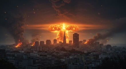 Fototapeta premium Dramatic nuclear explosion over a cityscape with smoke and chaos