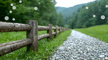 Gravel path beside wooden fence, green forest background; nature scene