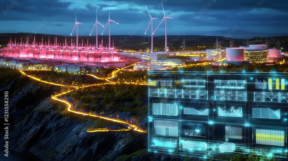 Aufkleber Futuristic smart energy grid integrating wind turbines solar panels and hydroelectric stations with AI driven automation and optimization  Glowing digital pathways connect energy hubs