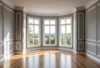 Obraz premium Classical empty room interior, The rooms have wooden floors and gray walls ,decorate with white moulding, there are white window looking out to the nature view
