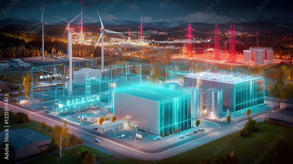 Aufkleber futuristic cityscape featuring a smart grid system that seamlessly manages the transfer of renewable