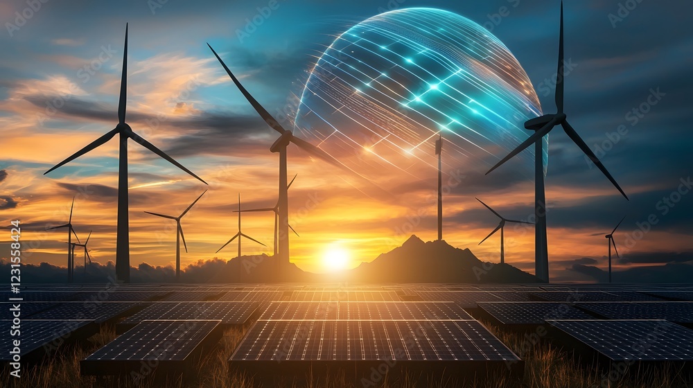 Poster Futuristic high tech battery storage facility optimizing renewable energy from solar panels and wind turbines  The smart grid features interconnected power lines advanced AI driven analytics
