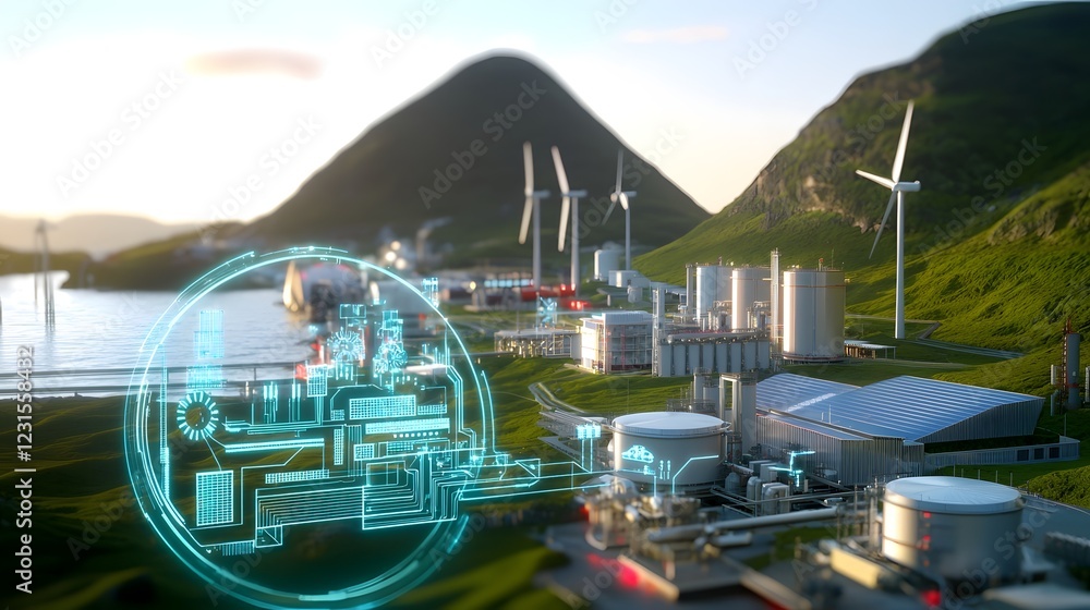 Aufkleber Sustainable cyber energy network with a fully automated smart grid system  Floating holographic data streams link solar farms wind energy plants and hydroelectric stations