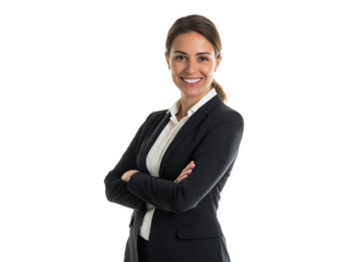 Elegant and Confident Businesswoman in Black Blazer and White Shirt with Arms Crossed – Professional Portrait for Corporate, Marketing, and Leadership Concepts on Transparent Background