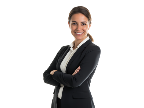 Elegant and Confident Businesswoman in Black Blazer and White Shirt with Arms Crossed – Professional Portrait for Corporate, Marketing, and Leadership Concepts on Transparent Background