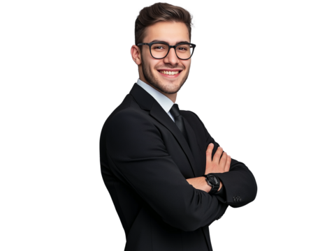 Confident Smiling Businessman in Black Suit with Glasses Standing with Arms Crossed Against transparent background – Professional Corporate Portrait for Business and Marketing Materials