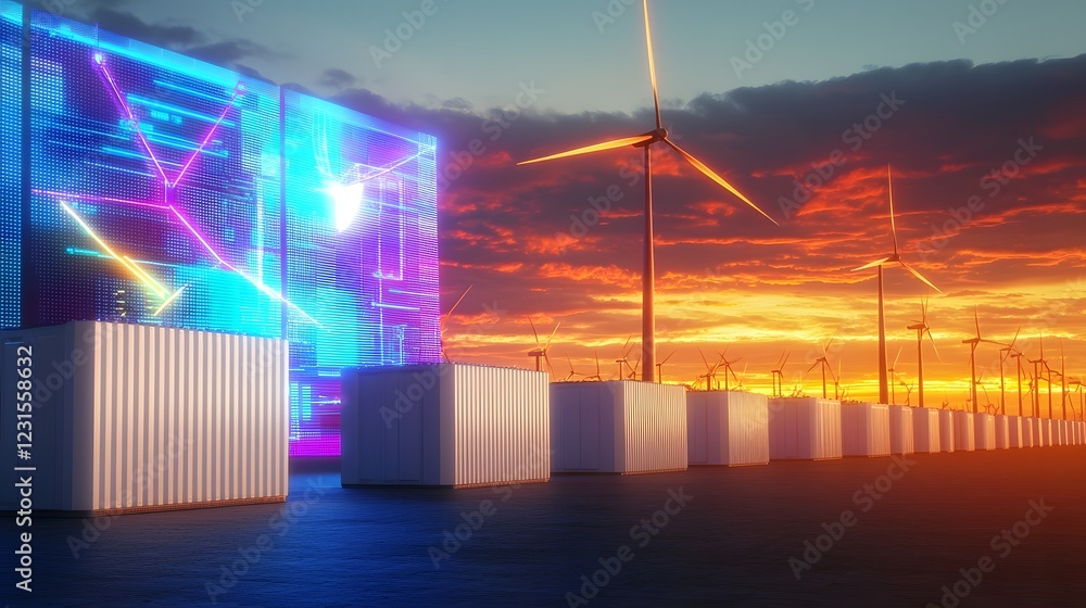 Poster Hyper modern renewable energy network showcasing a massive battery storage system connected to solar farms and wind turbines  AI controlled distribution optimizes clean electricity flow