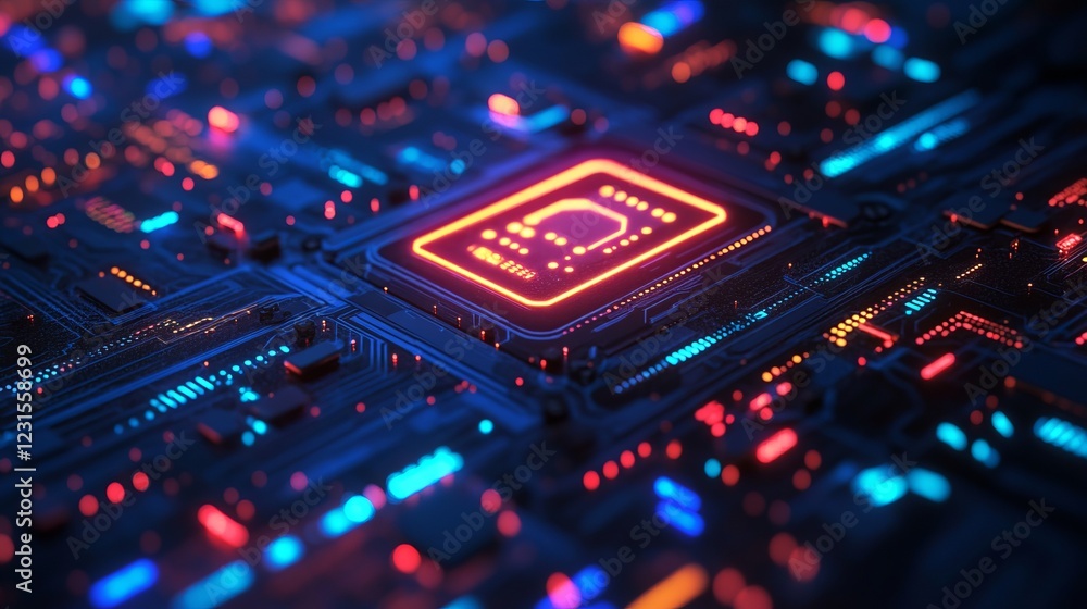 Poster close-up of a vibrant circuit board with a glowing microchip, showcasing modern technology and innov