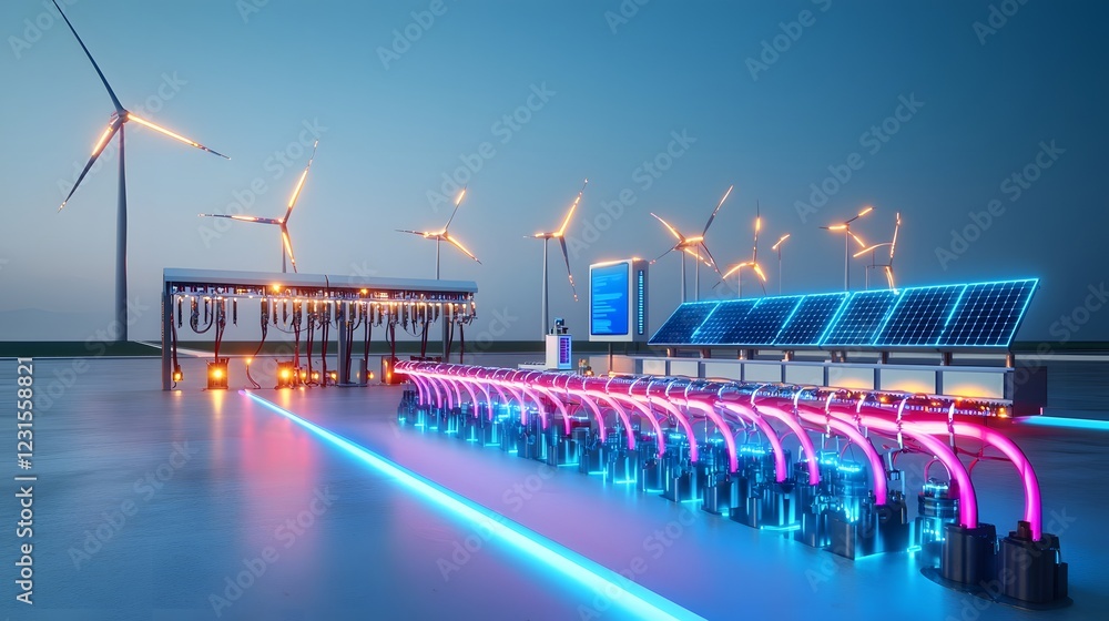 Poster Cutting Edge Energy Management Center Featuring Advanced Battery Storage Units and Smart Grid Systems Balancing Renewable Electricity Production and Optimizing Power Flow Between Solar Fields