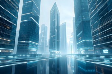 High-tech 3D-rendered background featuring sleek skyscrapers and ambient reflections