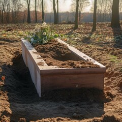 Wooden Burial Coffin Surrounded by Dirt in Cemetery with Trees and Flowers on Top