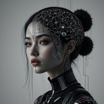 High-tech girl. Concept of AI of the future, wearable AI devices. Cybernetic of the future.