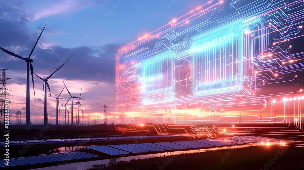 Poster Futuristic renewable energy grid with smart battery storage and AI driven analytics featuring a glowing holographic battery network optimizing power from wind turbines and solar farms