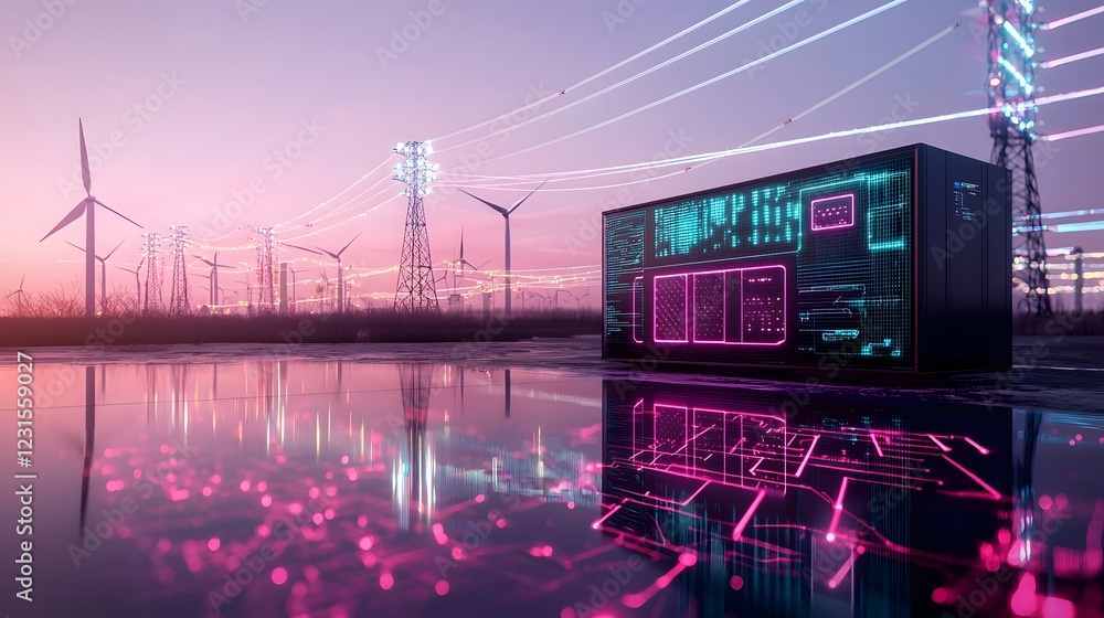 Poster futuristic energy hub featuring a holographic battery network seamlessly connected to solar panels a