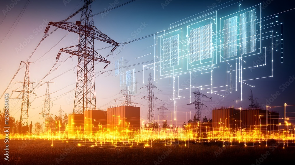 Poster futuristic energy grid featuring a glowing holographic battery network that optimizes renewable powe