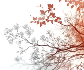 Obraz premium Abstract Branching Art: A delicate line drawing of a blooming branch overlaid with a vibrant red-toned abstract rendition, capturing the essence of nature's intricate beauty.