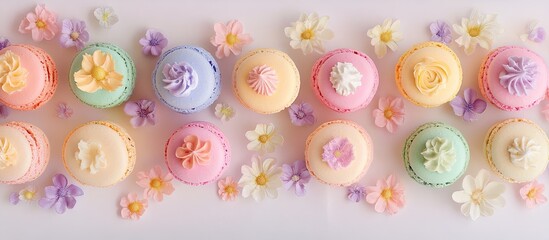 Pastel macarons in soft colors arranged on a white background surrounded by delicate flowers creating a charming and sweet dessert display
