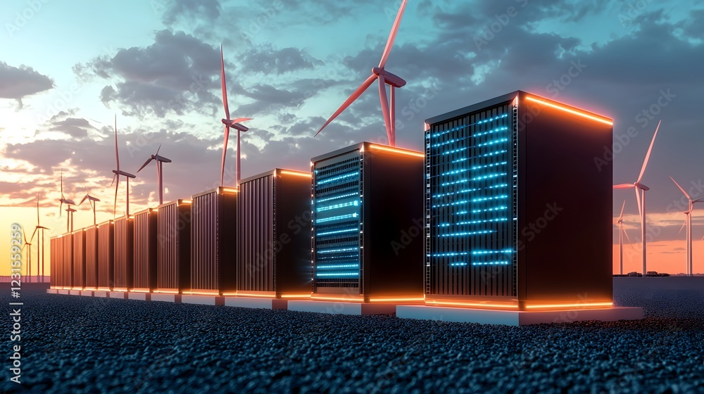 Poster Cyber enhanced energy node grid featuring AI powered battery storage systems  Vibrant neon circuits create a high tech atmosphere