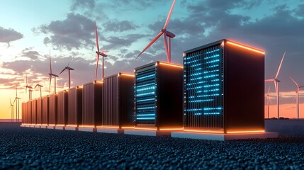 Cyber enhanced energy node grid featuring AI powered battery storage systems  Vibrant neon circuits create a high tech atmosphere
