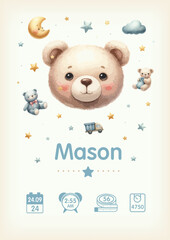 Watercolor Baby birth poster. Vector illustration of teddy bear, height, weight and date of birth. Illustration newborn metric for kids bedroom.