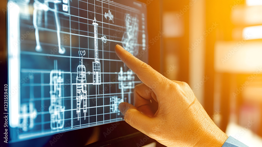 Aufkleber digital blueprint innovation: a hand interacts with a futuristic digital interface, showcasing intri