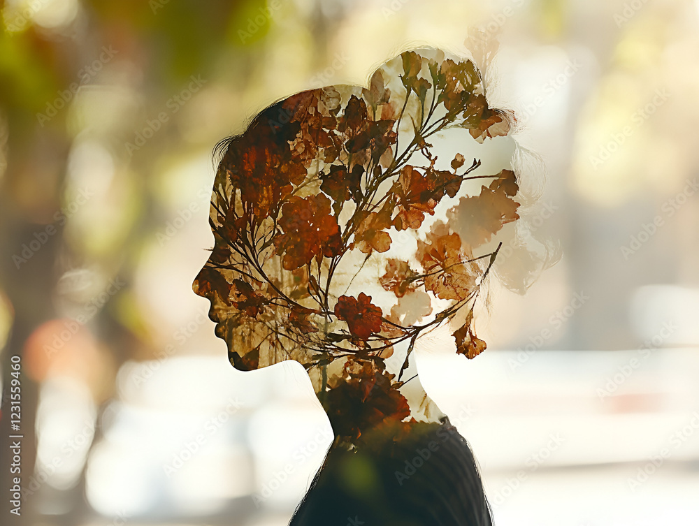 Poster nature's embrace: a surreal and ethereal double exposure captures a woman's profile seamlessly inter