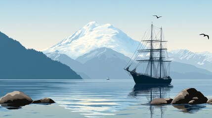 Obraz premium Majestic sailing ship at anchor, dwarfed by a snow-capped mountain range