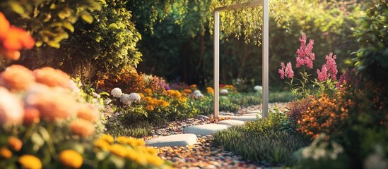 Empty ceramic frame standing tall in a colorful organic garden with vibrant flowers and lush greenery bathed in warm sunlight and shadows.