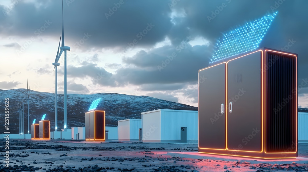 Aufkleber Futuristic floating node network seamlessly integrating AI driven battery storage into a smart energy grid  Glowing purple and blue energy links hover above wind turbines and solar farms