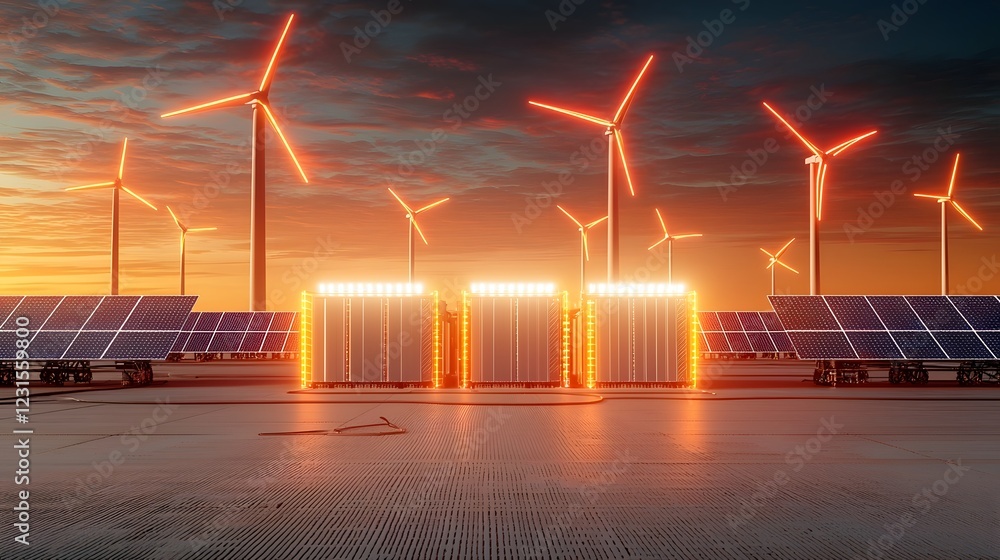 Aufkleber Advanced floating network system visualizing a cybernetic battery grid managing renewable power  Pulsating purple and blue neon nodes hover in mid air interconnecting solar panels wind turbines