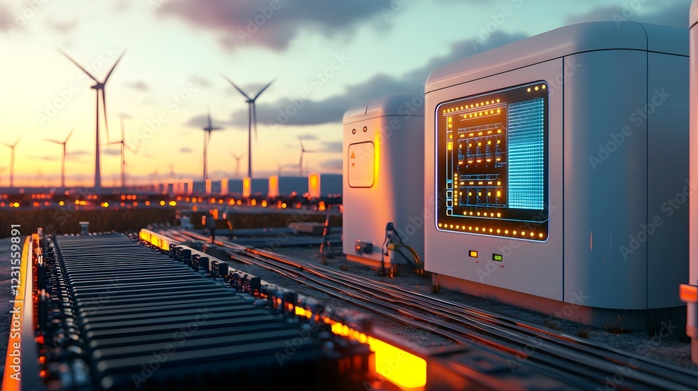 Poster Futuristic cyber network managing smart battery storage and optimization for renewable energy grids  Holographic energy links float above wind farms and solar power arrays