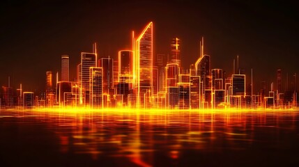 Fototapeta premium Neon Cityscape at Night, with water reflection