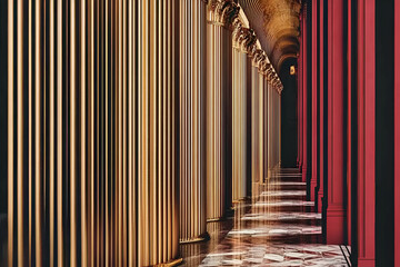 Hallway of Pillars:  A  perspective view down a long hallway, lined with tall golden and red columns creating a striking  visual impact.  The marble floor adds to the grandeur.