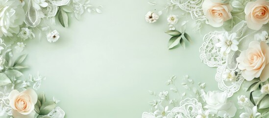 Elegant wedding invitation on a soft light green background showcasing intricate lace and delicate flowers, ideal for save the date announcements.