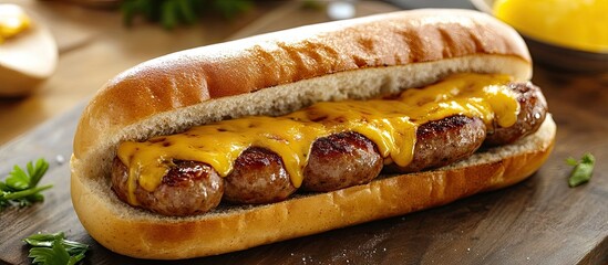 Savory sausage sandwich topped with melted cheese on a toasted bun, garnished with fresh herbs, set against a rustic wooden background.