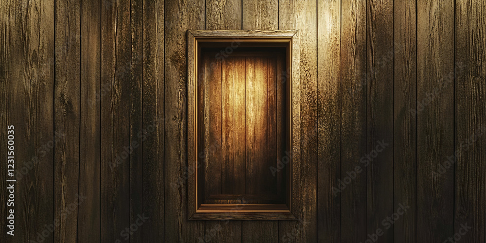 Poster rustic shelf display: an empty wooden shelf nestled in a textured wood panel, illuminated by a warm 