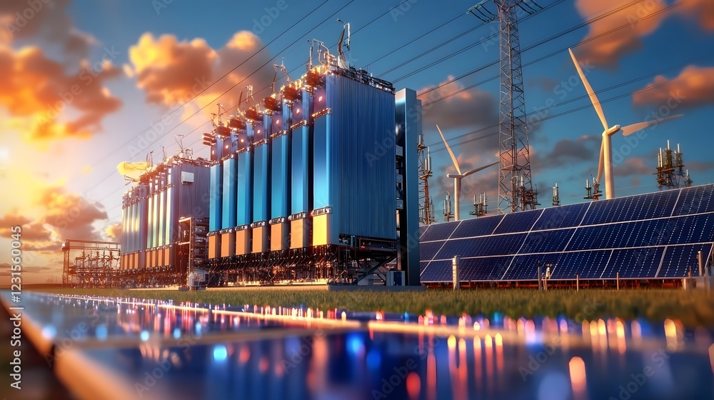 Aufkleber panoramic view of an advanced renewable energy infrastructure with massive battery storage units eff